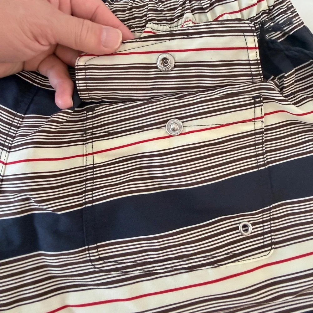 Prada UB378 Men's Medium Navy Blue White striped technical fabric swim trunks